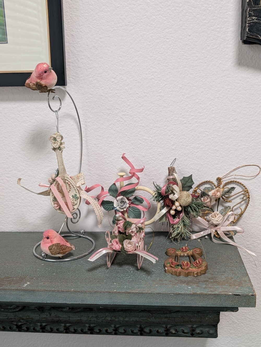 Vtg Victorian Lot of 8 Ornaments Pink Roses Cottagecore Instruments Birds Sleigh